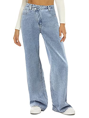 HDLTE Frauen Wide Leg Jeans Hohe Taille Baggy Jeans Lose Boyfriend Jeans Denim Hosen Y2K, Crossover Blau, M von HDLTE