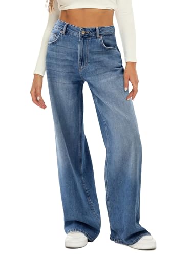 HDLTE Frauen Wide Leg Jeans Hohe Taille Baggy Jeans Lose Boyfriend Jeans Denim Hosen Y2K, Hellblauer Denim, M von HDLTE