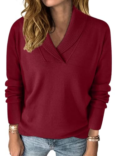 HDLTE Lässiger Pullover mit V-Ausschnitt für Damen – Schalkragen, langärmelig, Arbeitspullover, elegant, Rot/Ausflug, einfarbig (Getaway Solids), Klein von HDLTE
