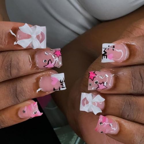 24 Stück Kurze Quadratische Künstliche Nägel 3D Schleifen Künstliche Nägel Französische Spitze Zum Aufkleben Sterne Zum Aufdrücken Von Nägeln Für Frauen Und Mädchen von HDOYTXXM
