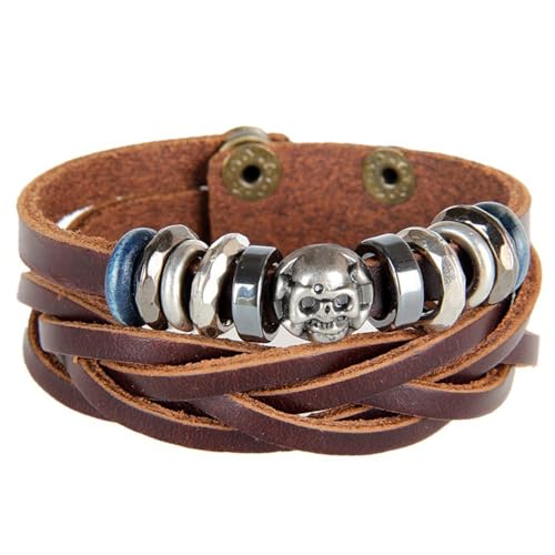 HDOYTXXM Handgefertigtes Lederarmband Schädel Thema Riemen Mehrschichtige Handgelenk Schmuck Textur Für Frau Und Mann Perlenschädel Lederarmband von HDOYTXXM