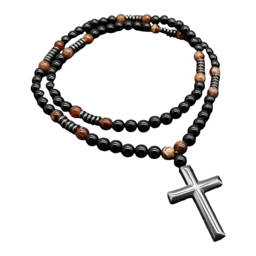 HDOYTXXM Herren Schwarz Brauner Perlen Halskette Mit Robusten Kreuzen Charmieren Religiöses Symbol Unisex Spirituelle Halskette Herren Schmuck Mit Silbernen Abstandshaltern von HDOYTXXM