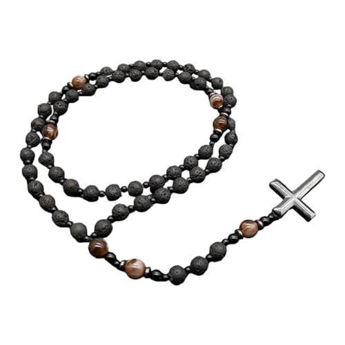 HDOYTXXM Herren Schwarz Brauner Perlen Halskette Mit Robusten Kreuzen Charmieren Religiöses Symbol Unisex Spirituelle Halskette Herren Schmuck Mit Silbernen Abstandshaltern von HDOYTXXM
