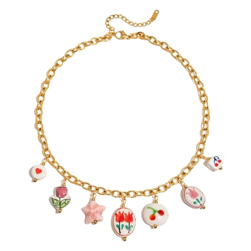 HDOYTXXM Künstlerische Keramikzauber Und Natürliche Perlen Kügelchen Halskette Einstellbare Länge Tragbare Auszeichnungen Edelstahl Keramik Halskette von HDOYTXXM