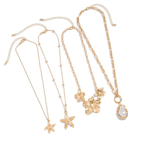 HDOYTXXM Küstenkette Set Mit Muschel Anhänger Stapelbare Goldkette Perlen Schmuck Stilvolle Nackenkette Für Frauen Leichtes Mode Halskette Set von HDOYTXXM