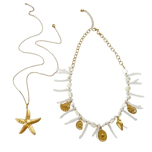 HDOYTXXM Summers Beach Styles Stapelbare Halskette Mit Seesterne Schale Korallenperlen Edelstahl Verstellbare Kette Für Lässige Outfits Bequemer Marine Stahlkette Aus Edelstahl Stahlkette von HDOYTXXM