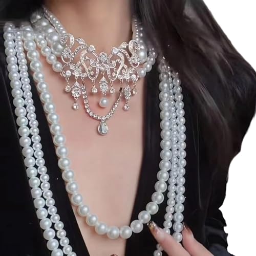 HDOYTXXM Verstellbare Multi Schicht Perlen Halskette Mit Funkelnden Kristallkristallverzerrten Schmuckzubehör Für Elegante Perlenparty Schmuck Für Frauen von HDOYTXXM