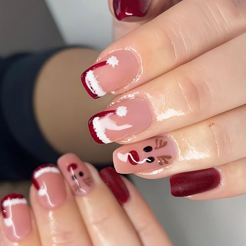 Quadratische Künstliche Nägel Zum Aufdrücken Französische Weihnachtsmannmütze Nägel Kunstdekoration Weihnachten Rentier Maniküre Für Frauen Und Mädchen 24 Stück von HDOYTXXM