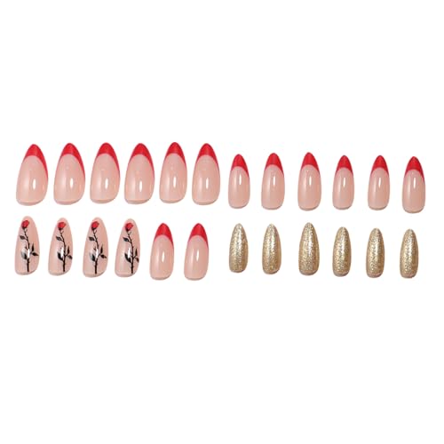 Valentinstag Nägel Mandel Press On Nägel Rosen Designs Französische Spitzen Glänzende Künstliche Nägel Komplette Abdeckungen Für Frauen 24 Stück von HDOYTXXM