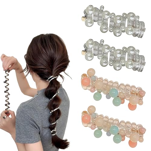 4 Stück Spiral Haargummi, No Damage Soft Elastic Spiral Hair Ties, Perlen Telefonkabel Haargummi, Twisted Hair Wire Pony Hairwire, Pferdeschwanzhalter Spirale FüR Damen Und MäDchen (Type D) von HDQQEU