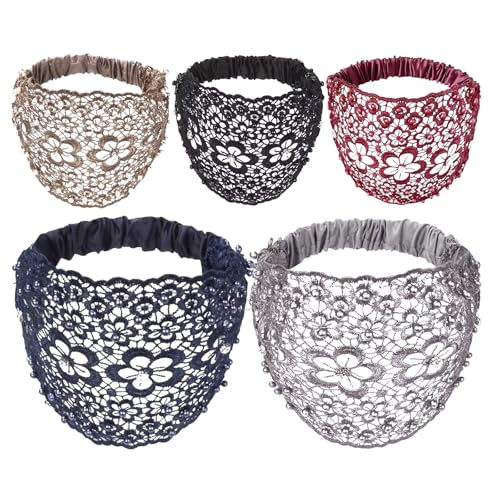 Damen Stirnband Boho Chic Crystal and Pearl Wide Headband Elegant Floral Beaded Lace Elastic Haarbänder Breite Boho Rutschfeste Stirnbänder Weiche KopftüCher Für Women Haarschmuck (5 STK, M) von HDQQEU
