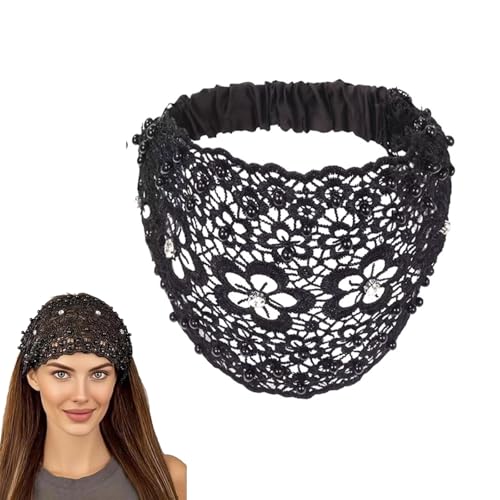 Damen Stirnband Boho Chic Crystal and Pearl Wide Headband Elegant Floral Beaded Lace Elastic Haarbänder Breite Boho Rutschfeste Stirnbänder Weiche KopftüCher Für Women Haarschmuck (Schwarz, M) von HDQQEU