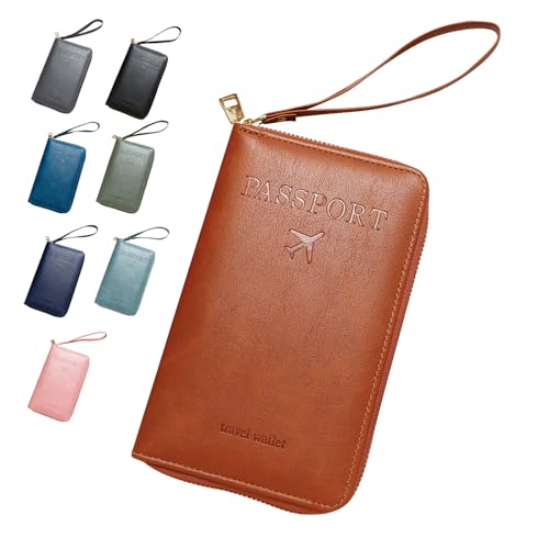 Reisepass Hülle mit RFID Schutz, PU-Leder Passport Holder with RFID Blocker, Reisepass Organizer reisepass Halter mit Handschlaufe Für Damen und Herren ID-Karten,Reisedokumente (Braun) von HDQQEU
