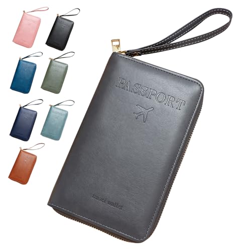 Reisepass Hülle mit RFID Schutz, PU-Leder Passport Holder with RFID Blocker, Reisepass Organizer reisepass Halter mit Handschlaufe Für Damen und Herren ID-Karten,Reisedokumente (Grau) von HDQQEU