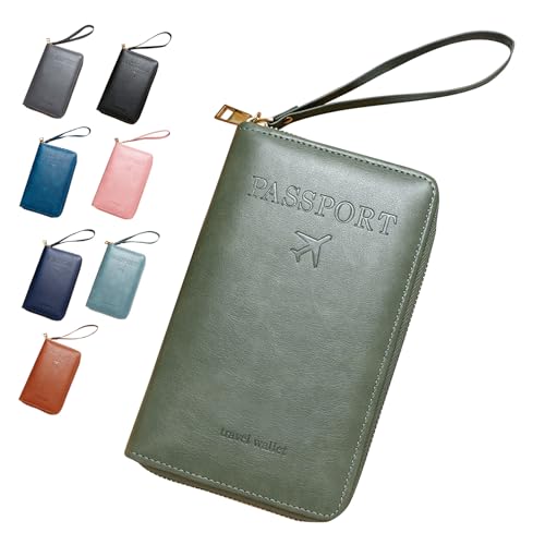 Reisepass Hülle mit RFID Schutz, PU-Leder Passport Holder with RFID Blocker, Reisepass Organizer reisepass Halter mit Handschlaufe Für Damen und Herren ID-Karten,Reisedokumente (Olivgrün) von HDQQEU