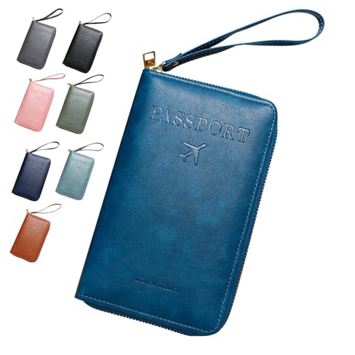Reisepass Hülle mit RFID Schutz, PU-Leder Passport Holder with RFID Blocker, Reisepass Organizer reisepass Halter mit Handschlaufe Für Damen und Herren ID-Karten,Reisedokumente (Pfauenblau) von HDQQEU