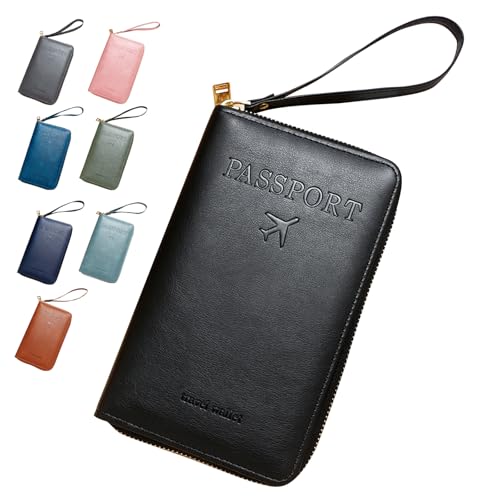 Reisepass Hülle mit RFID Schutz, PU-Leder Passport Holder with RFID Blocker, Reisepass Organizer reisepass Halter mit Handschlaufe Für Damen und Herren ID-Karten,Reisedokumente (Schwarz) von HDQQEU