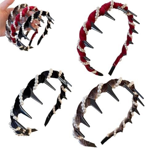 Vintage High Cranium Artificial Pearl Hairband， Rutschfestes Perlen Haarreifen Damen StirnbäNder, Elegant Stirnband Retro Perlen HaarbäNder Mit ZäHnen, Mode-Haarreif FüR Frauen MäDchen (3 STK, 13CM) von HDQQEU