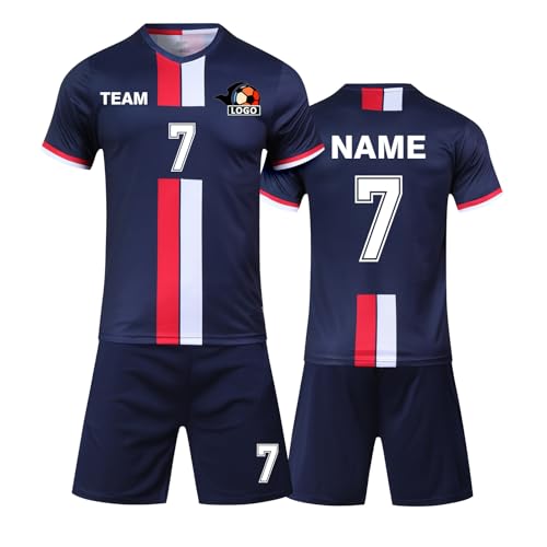 Benutzerdefiniert Fussball Trikot Kinder Set und Erwachsene Set Personifizieren Name Nummer Mannschaft Fussball Trikots Herren und Frauen (Kurz Blau) von HDSD