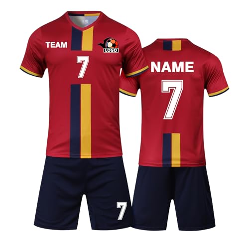 Benutzerdefiniert Fussball Trikot Kinder Set und Erwachsene Set Personifizieren Name Nummer Mannschaft Fussball Trikots Herren und Frauen (Kurzes Rot) von HDSD