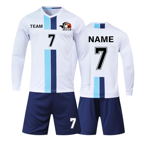 Benutzerdefiniert Fussball Trikot Kinder Set und Erwachsene Set Personifizieren Name Nummer Mannschaft Fussball Trikots Herren und Frauen (Langes Weiß) von HDSD