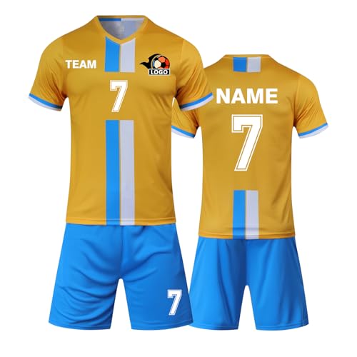 Benutzerdefiniert Fussball Trikot Kinder Set und Erwachsene Set Personifizieren Name Nummer Mannschaft Fussball Trikots Herren und Frauen (Kurz Gelb) von HDSD