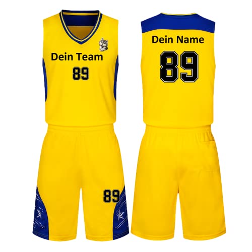 HDSD Benutzerdefiniert Trikot Kinder Erwachsene Basketball Jersey & Shorts 2 Teiliges Set Name Nummer Team Logo Personifizieren Basketball Trikots (gelb) von HDSD