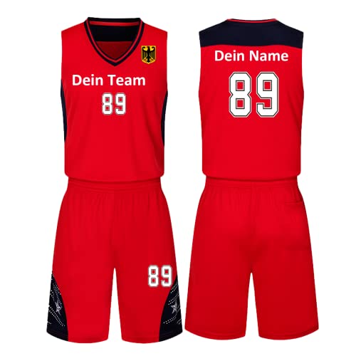 HDSD Benutzerdefiniert Trikot Kinder Erwachsene Basketball Jersey & Shorts 2 Teiliges Set Name Nummer Team Logo Personifizieren Basketball Trikots (rot) von HDSD