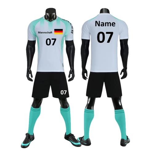 HDSD Personifizieren Fußball Trikot Kinder Erwachsene Heim-/Auswärtstrikot Kurzarmtrikot Shorts Set mit Namen Nummer Team Logo (Weiß) von HDSD