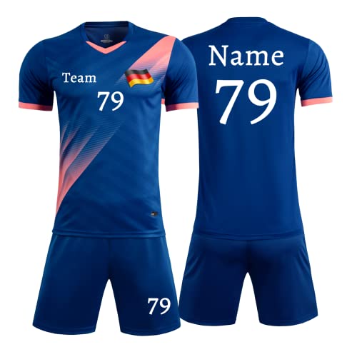 Personifizieren Fußball Trikot Kinder Jungs mit Namen Nummber Team Logo Home Auswärts Trikot with Sponsor T-Shirt (Buntes Blau) von HDSD