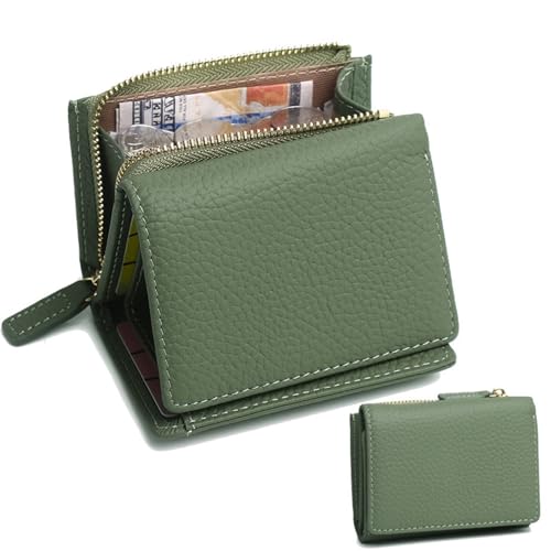HDSDVNON Kurze Damen-Geldbörse aus Leder mit Reißverschluss, Diebstahlschutz-Kartenhalter aus Vollrindleder, minimalistische Umhängetasche for den täglichen Gebrauch(Army Green and Light Gray.) von HDSDVNON
