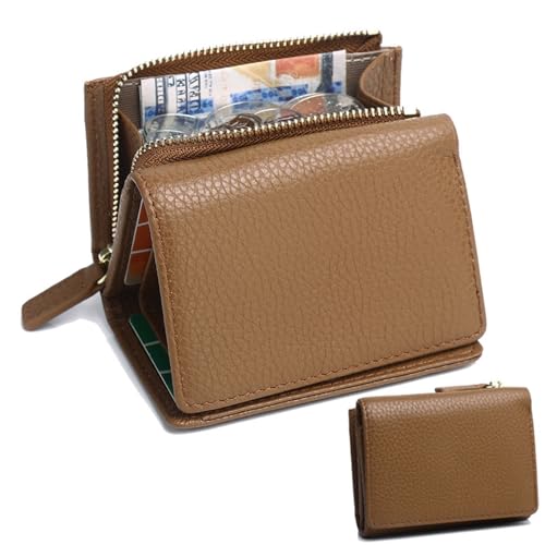 HDSDVNON Kurze Damen-Geldbörse aus Leder mit Reißverschluss, Diebstahlschutz-Kartenhalter aus Vollrindleder, minimalistische Umhängetasche for den täglichen Gebrauch(Caramel) von HDSDVNON