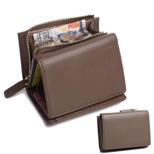 HDSDVNON Kurze Damen-Geldbörse aus Leder mit Reißverschluss, Diebstahlschutz-Kartenhalter aus Vollrindleder, minimalistische Umhängetasche for den täglichen Gebrauch(Dark Brown) von HDSDVNON