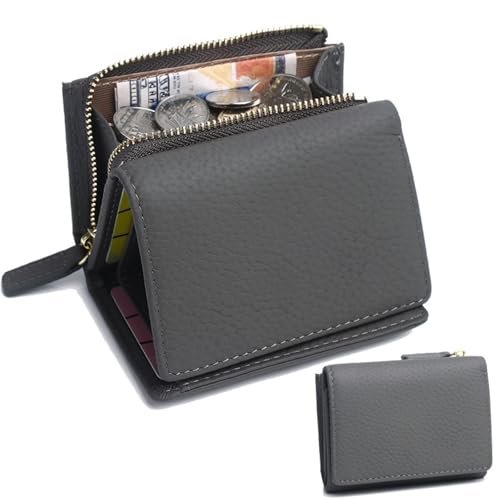 HDSDVNON Kurze Damen-Geldbörse aus Leder mit Reißverschluss, Diebstahlschutz-Kartenhalter aus Vollrindleder, minimalistische Umhängetasche for den täglichen Gebrauch(Dark Gray) von HDSDVNON