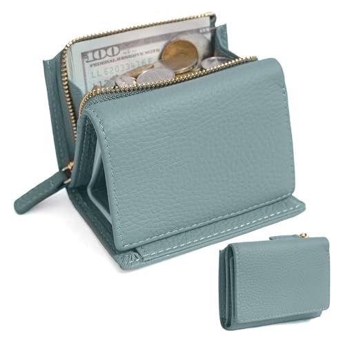 HDSDVNON Kurze Damen-Geldbörse aus Leder mit Reißverschluss, Diebstahlschutz-Kartenhalter aus Vollrindleder, minimalistische Umhängetasche for den täglichen Gebrauch(Linen Blue) von HDSDVNON