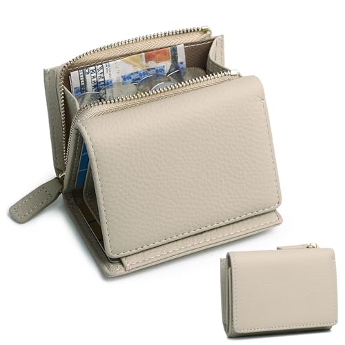 HDSDVNON Kurze Damen-Geldbörse aus Leder mit Reißverschluss, Diebstahlschutz-Kartenhalter aus Vollrindleder, minimalistische Umhängetasche for den täglichen Gebrauch(Off-White) von HDSDVNON