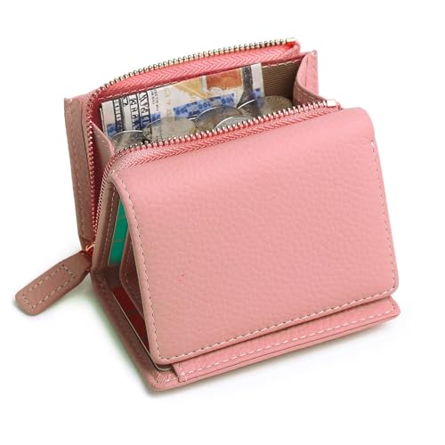 HDSDVNON Kurze Damen-Geldbörse aus Leder mit Reißverschluss, Diebstahlschutz-Kartenhalter aus Vollrindleder, minimalistische Umhängetasche for den täglichen Gebrauch(Peach) von HDSDVNON