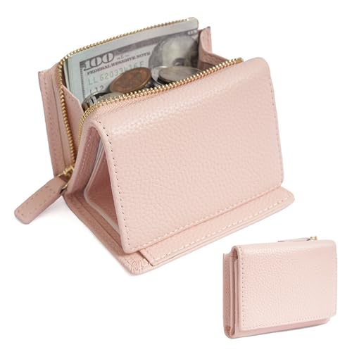 HDSDVNON Kurze Damen-Geldbörse aus Leder mit Reißverschluss, Diebstahlschutz-Kartenhalter aus Vollrindleder, minimalistische Umhängetasche for den täglichen Gebrauch(Pink) von HDSDVNON
