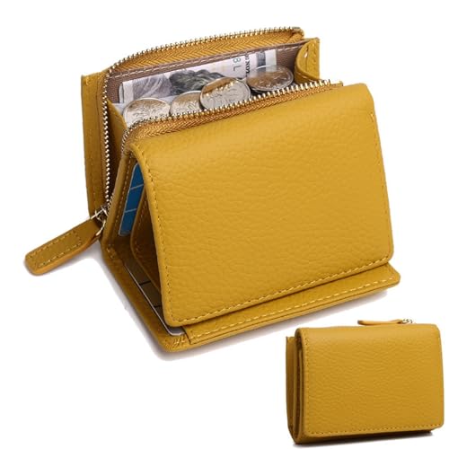HDSDVNON Kurze Damen-Geldbörse aus Leder mit Reißverschluss, Diebstahlschutz-Kartenhalter aus Vollrindleder, minimalistische Umhängetasche for den täglichen Gebrauch(Yellow) von HDSDVNON