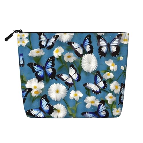 HDSKFNS Kosmetiktasche für Damen, Motiv: blaue Schmetterlinge, weiße Blumen, Make-up-Tasche für Damen, Reise-Make-up-Tasche mit Reißverschluss, ideal für den täglichen Gebrauch auf Reisen von HDSKFNS