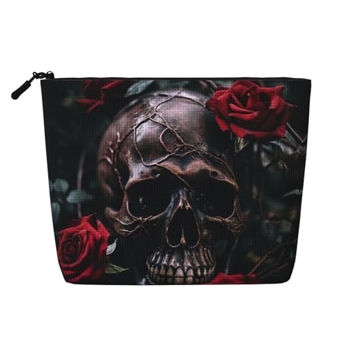 HDSKFNS Kosmetiktasche mit Totenkopf-Motiv und roter Rose, Make-up-Tasche für Damen, Reise-Make-up-Tasche mit Reißverschluss, ideal für den täglichen Gebrauch auf Reisen von HDSKFNS