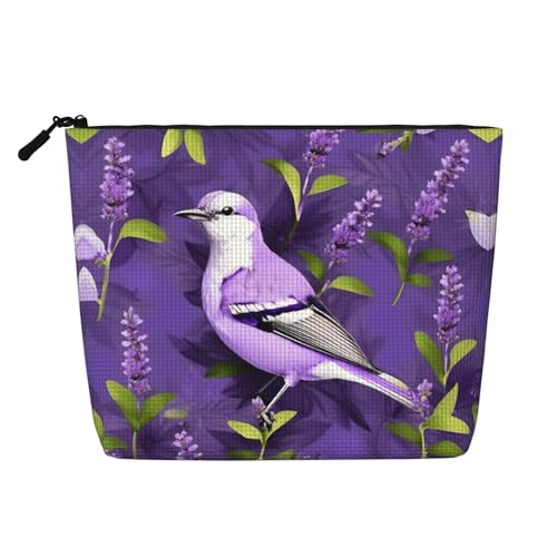 HDSKFNS Kosmetiktasche mit Vogel in lila Lavendel, Blumendruck, Make-up-Tasche für Damen, Reise-Make-up-Tasche mit Reißverschluss, ideal für den täglichen Gebrauch und Reisen von HDSKFNS