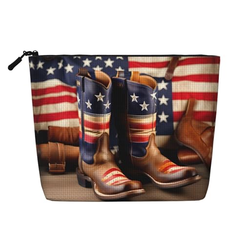 HDSKFNS Kosmetiktasche mit amerikanischer Flagge und Cowboystiefeln, Make-up-Tasche für Damen, Reise-Make-up-Tasche mit Reißverschluss, ideal für den täglichen Gebrauch, Reisen, Schwarz, Einheitsgröße von HDSKFNS