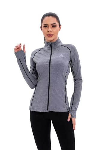 HDTIYUYP Damen Sportjacke UV Trainingsjacke - Laufjacke Leicht Langarm mit Reißverschluss Taschen Full Zip Wanderjacke Frauen Workout Jacke A2/Grau XL von HDTIYUYP