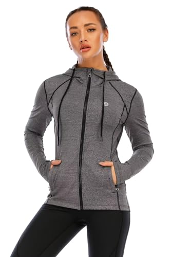 HDTIYUYP Damen-Sportjacke mit LSF – langärmelige Laufjacke mit Kapuze, leicht, durchgehender Reißverschluss, Wanderjacke mit Reißverschlusstaschen, Damen-Trainingsjacke für Damen, Dunkelgrau XL von HDTIYUYP