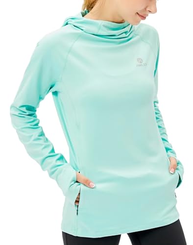 HDTIYUYP Langärmeliges Laufshirt für Damen, Thermo-Sport-Kapuzenpullover mit Reißverschlusstasche, Fitness-Shirts, UV-Wander-T-Shirt, Outdoor-Sport-Top mit Daumenloch, Hellblau, Large von HDTIYUYP