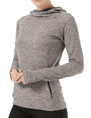 HDTIYUYP Laufshirt Damen Langarm Sportshirt mit Kapuze, Atmungsaktiv Funktionsshirt Damen Langarm Wandershirt UV Schutz mit Daumenlöcher Grau L von HDTIYUYP