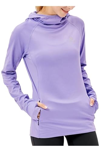 HDTIYUYP Laufshirt Damen Langarm Sportshirt mit Kapuze, Atmungsaktiv Funktionsshirt Damen Langarm Wandershirt UV Schutz mit Daumenlöcher Lila S von HDTIYUYP