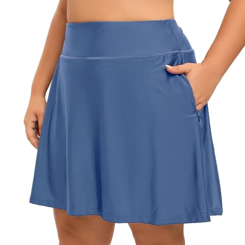 HDTIYUYP Plus-Size Frauen Schwimmen Rock mit hoher Taille UV Schwimmen Skort mit Shorts Damen Strand Wassersport Badeanzug Röcke Bottoms Reißverschluss Taschen Blau 4X von HDTIYUYP