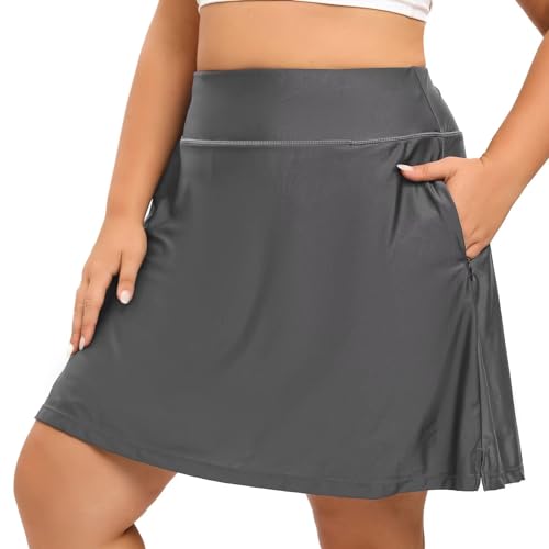 HDTIYUYP Plus-Size Frauen Schwimmen Rock mit hoher Taille UV Schwimmen Skort mit Shorts Damen Strand Wassersport Badeanzug Röcke Bottoms Reißverschluss Taschen Grau 3X von HDTIYUYP